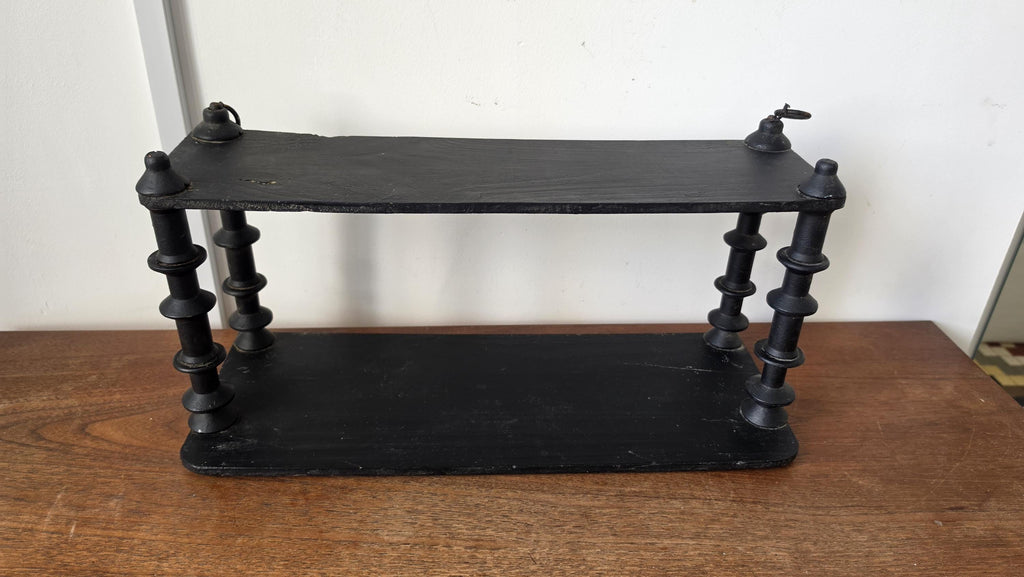 Vintage Wooden black Tiered Shelf, Turned Spindle Display Stand, Rustic 2 Tier Wall Shelf, Folk Art Wood Rack, Cottage Decor