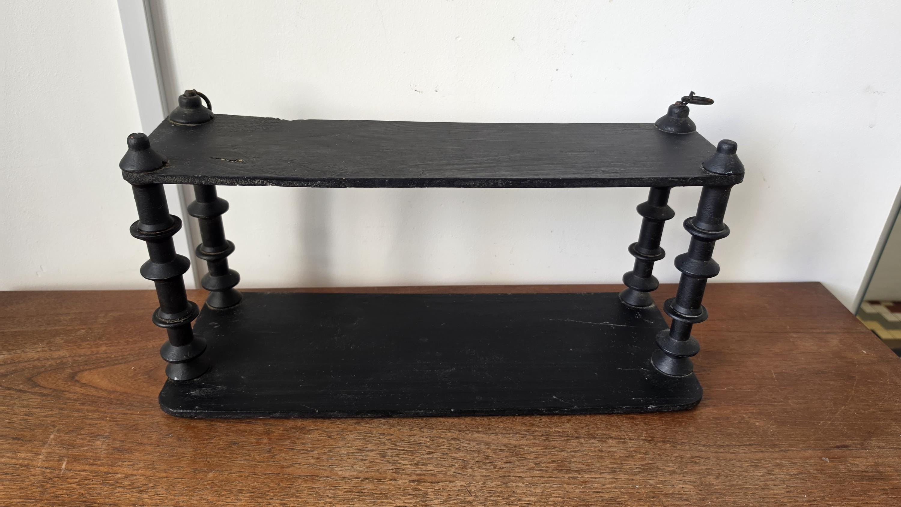 Vintage Wooden black Tiered Shelf, Turned Spindle Display Stand, Rustic 2 Tier Wall Shelf, Folk Art Wood Rack, Cottage Decor