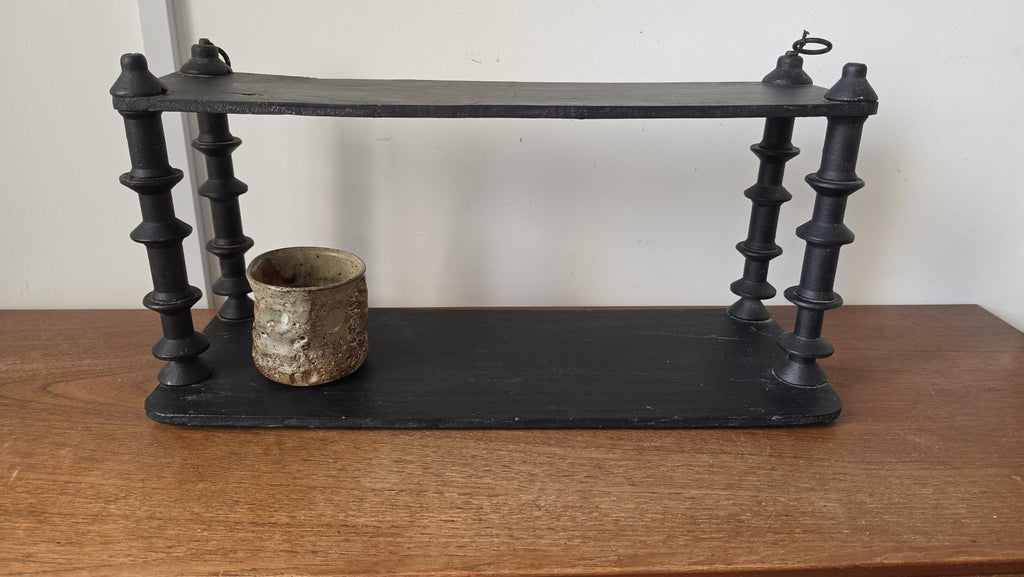 Vintage Wooden black Tiered Shelf, Turned Spindle Display Stand, Rustic 2 Tier Wall Shelf, Folk Art Wood Rack, Cottage Decor