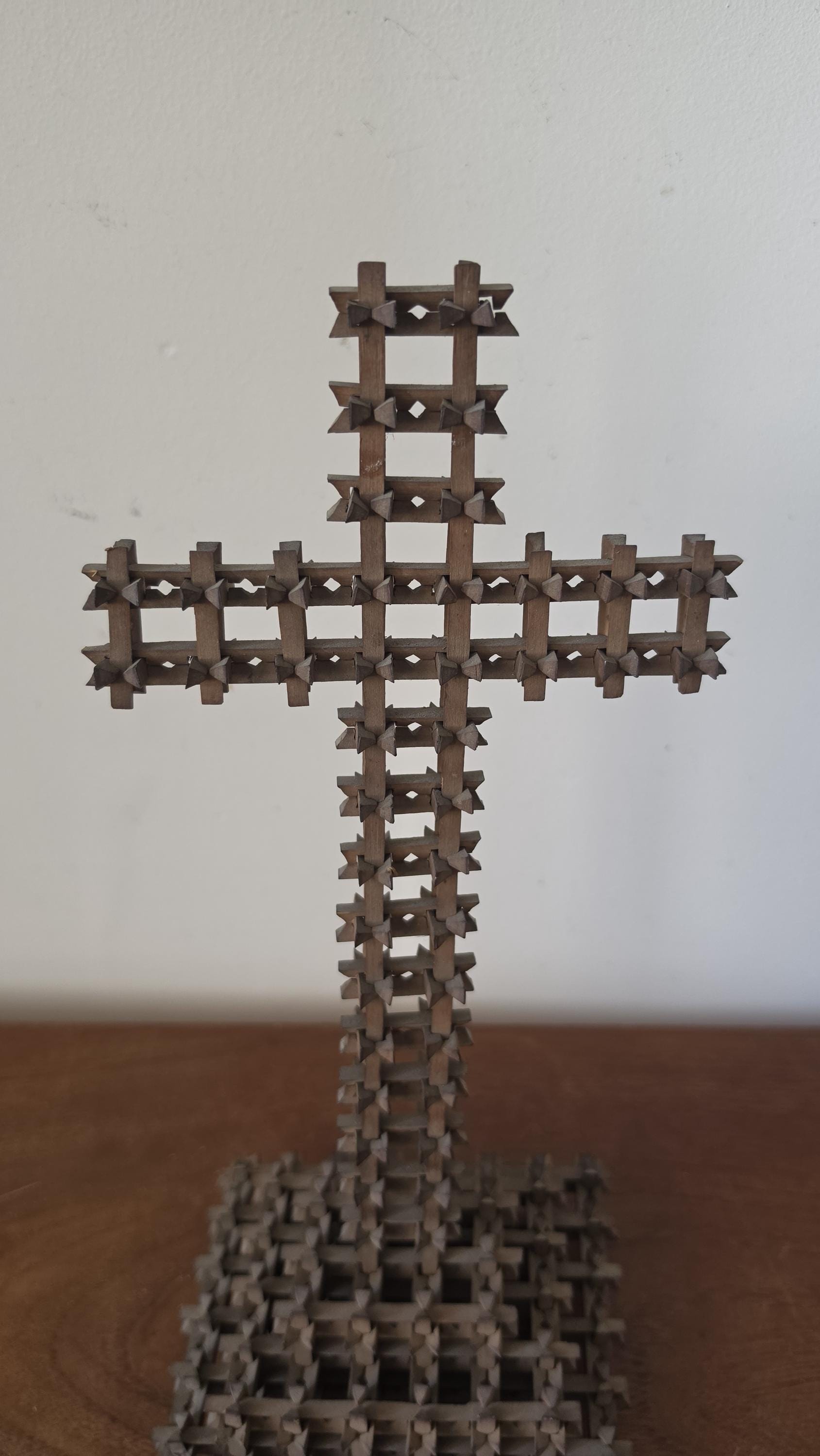 Antique Tramp Art Cross, Hand Carved Folk Art Crucifix, Rustic Wooden Religious Sculpture, Primitive Americana Decor