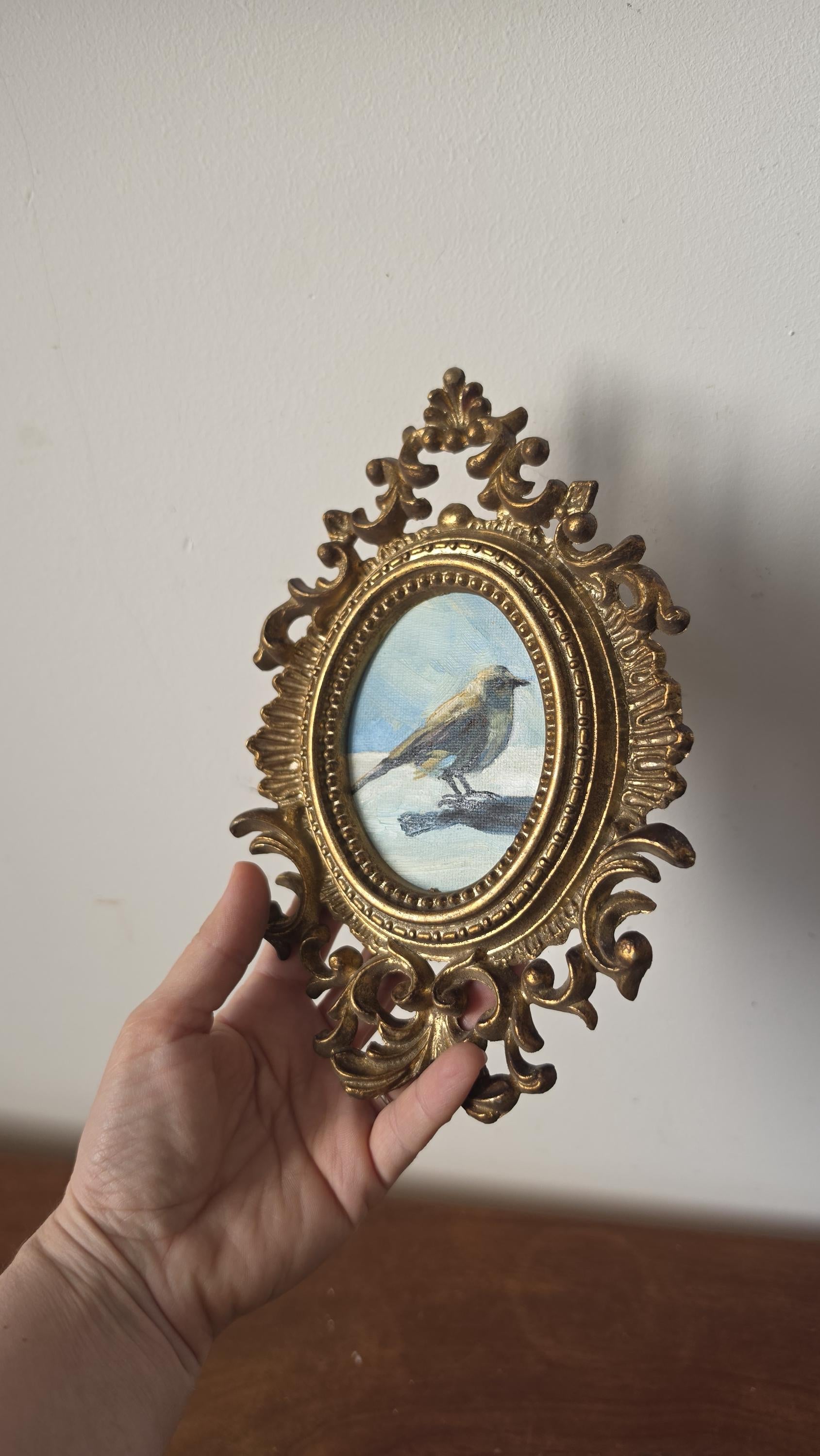 Vintage Ornate Gold Oval Frame with Original Bird Oil Painting, Rococo Wall Art, Hollywood Regency Miniature Artwork