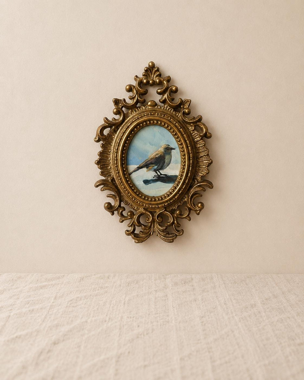 Vintage Ornate Gold Oval Frame with Original Bird Oil Painting