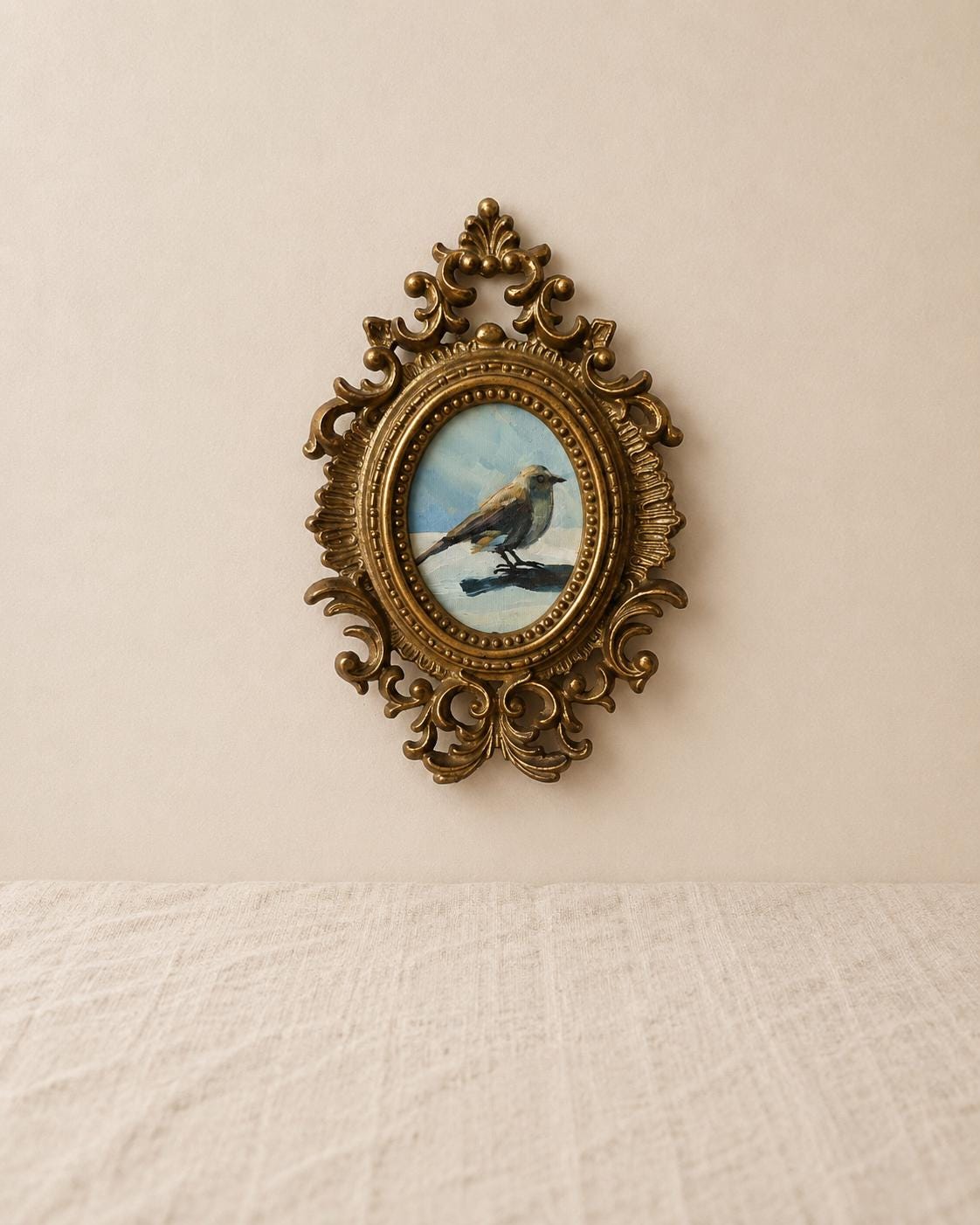 Vintage Ornate Gold Oval Frame with Original Bird Oil Painting