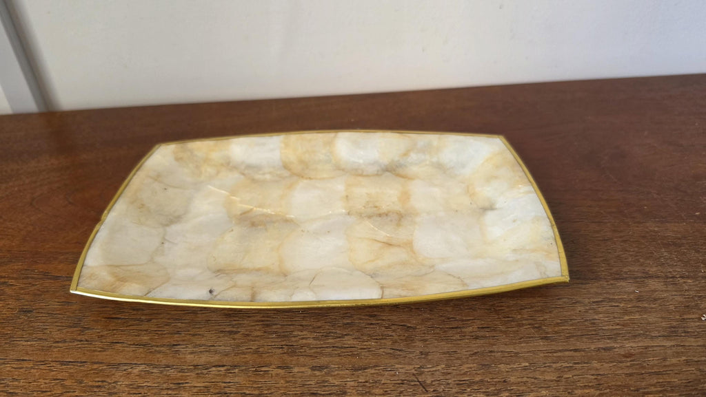 Vintage Capiz Shell Tray, Brass Trim Vanity Dish, Hollywood Regency Decor, Coastal Luxe Catchall, Mid Century Serving Tray