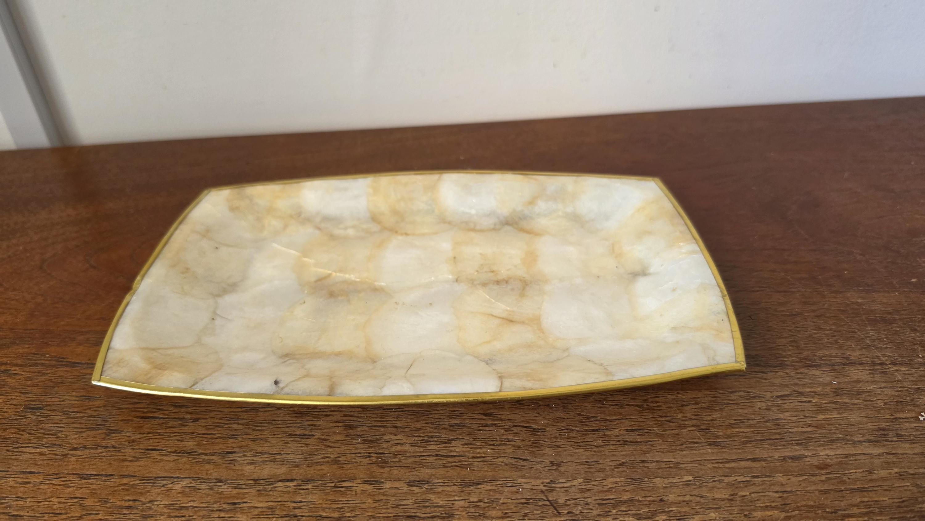 Vintage Capiz Shell Tray, Brass Trim Vanity Dish, Hollywood Regency Decor, Coastal Luxe Catchall, Mid Century Serving Tray