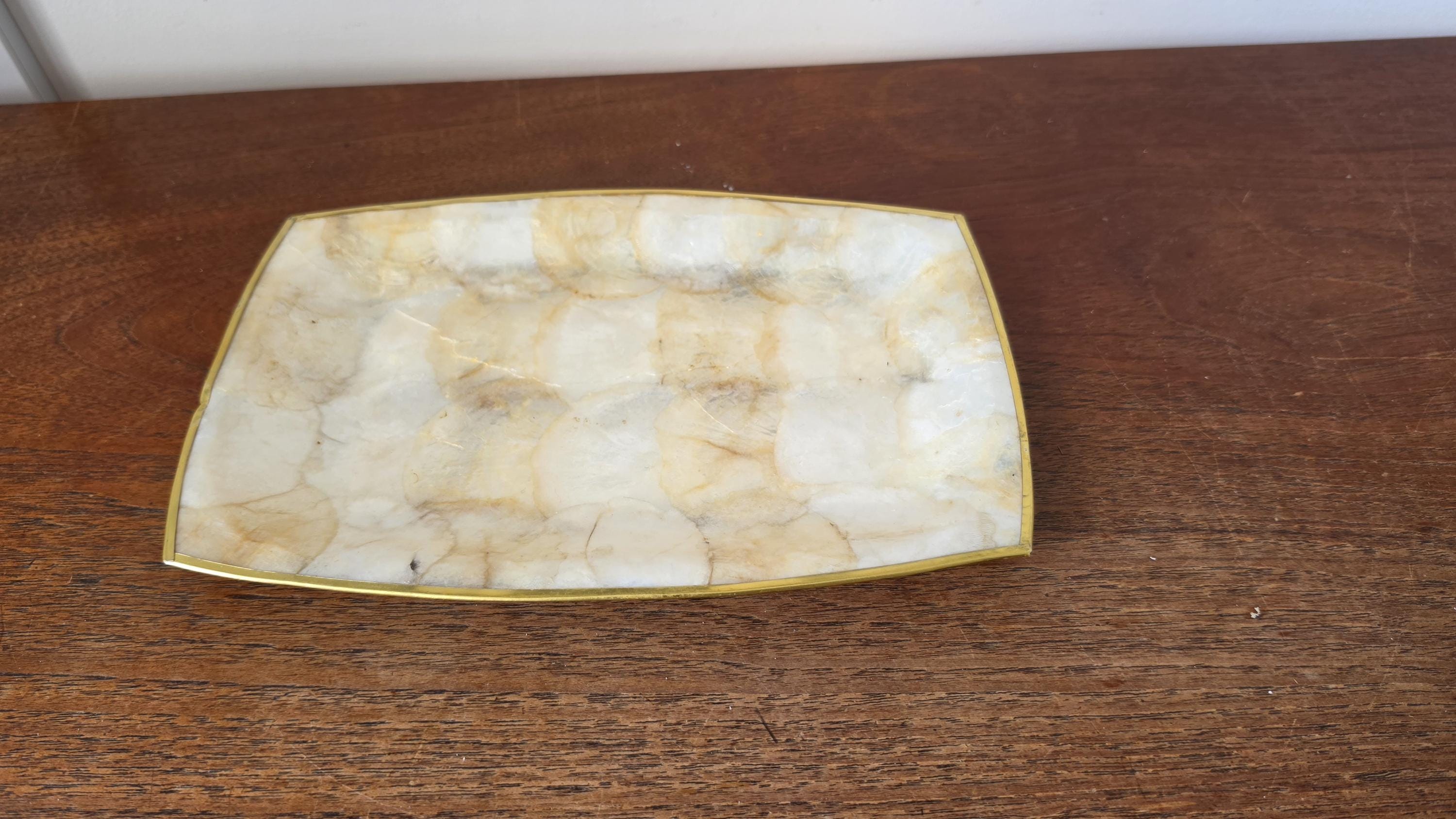 Vintage Capiz Shell Tray, Brass Trim Vanity Dish, Hollywood Regency Decor, Coastal Luxe Catchall, Mid Century Serving Tray