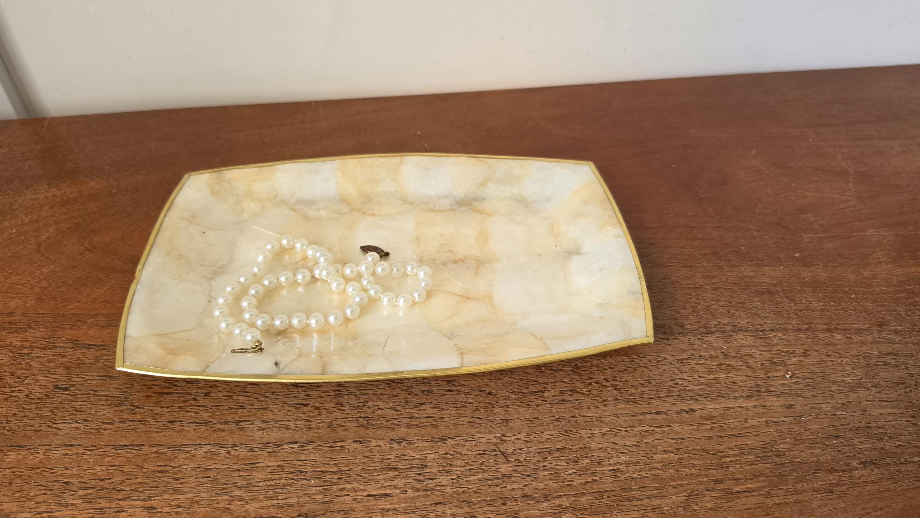 Vintage Capiz Shell Tray, Brass Trim Vanity Dish, Hollywood Regency Decor, Coastal Luxe Catchall, Mid Century Serving Tray