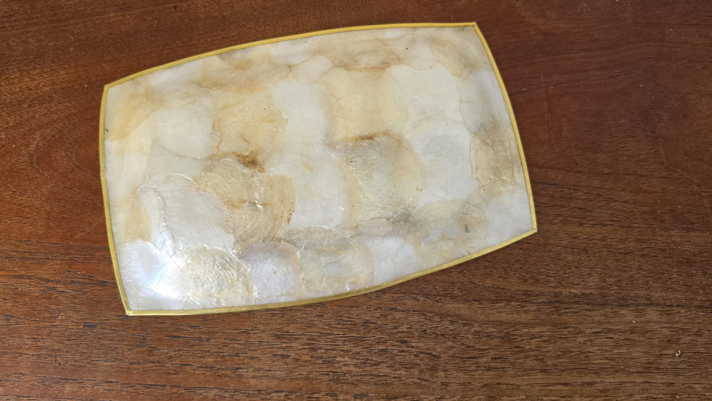 Vintage Capiz Shell Tray, Brass Trim Vanity Dish, Hollywood Regency Decor, Coastal Luxe Catchall, Mid Century Serving Tray