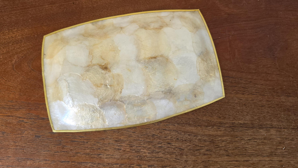 Vintage Capiz Shell Tray, Brass Trim Vanity Dish, Hollywood Regency Decor, Coastal Luxe Catchall, Mid Century Serving Tray