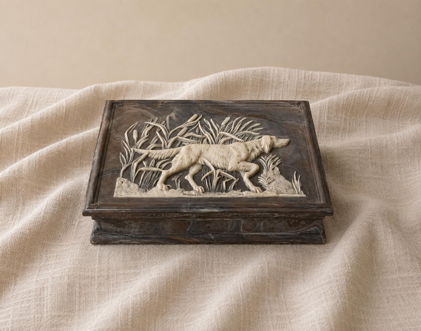 Vintage Incolay Stone Hunting Dog Jewelry Box