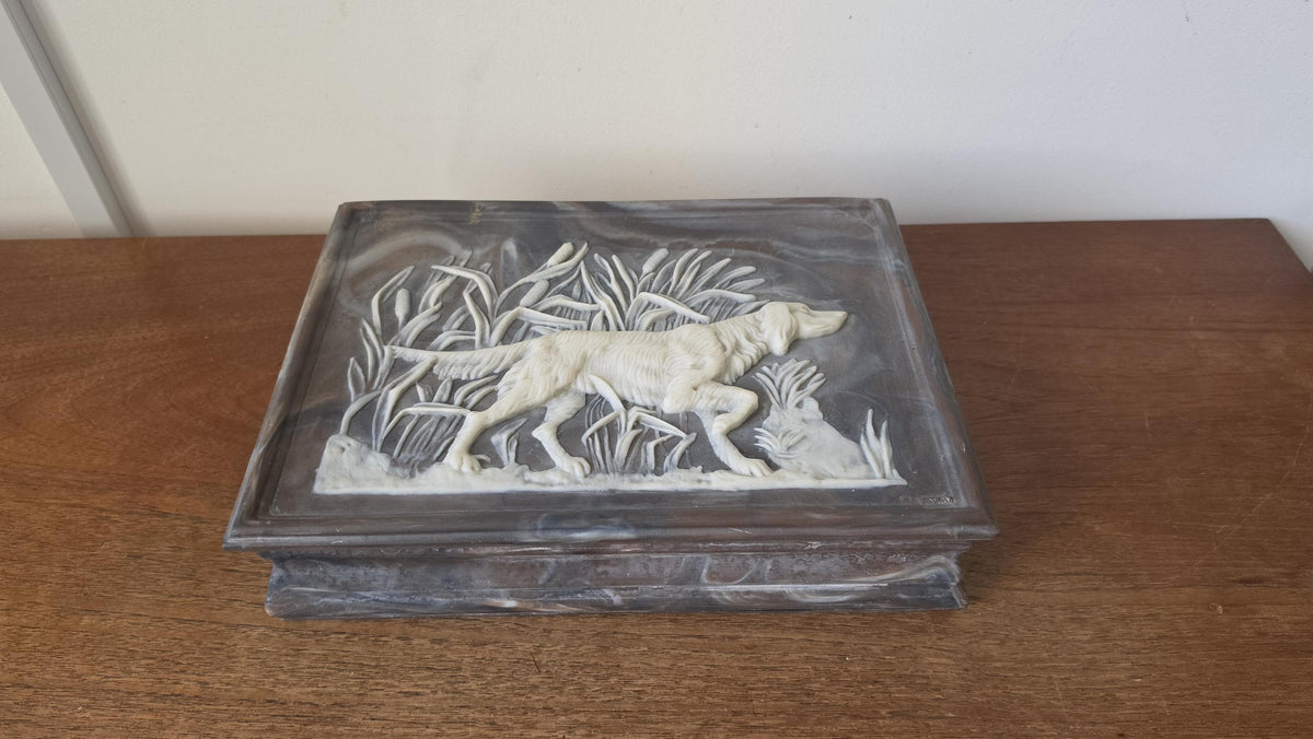 Vintage Incolay Stone Hunting Dog Jewelry Box, Setter Relief Trinket Box, Velvet Lined Keepsake Box, Sporting Dog Decor
