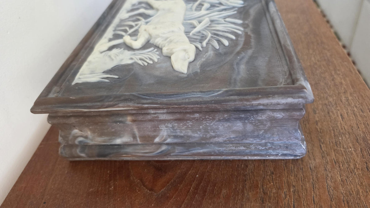 Vintage Incolay Stone Hunting Dog Jewelry Box, Setter Relief Trinket Box, Velvet Lined Keepsake Box, Sporting Dog Decor