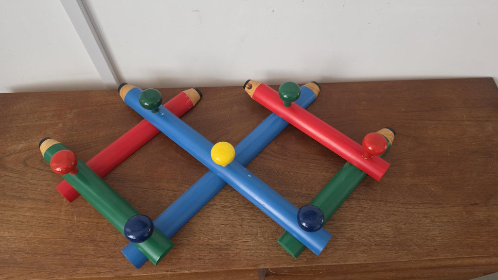Pierre Sala Memphis Style Coat Rack, Vintage Postmodern Pencil Wall Hooks, Colorful 1980s Wooden Wall Rack, Italian Design