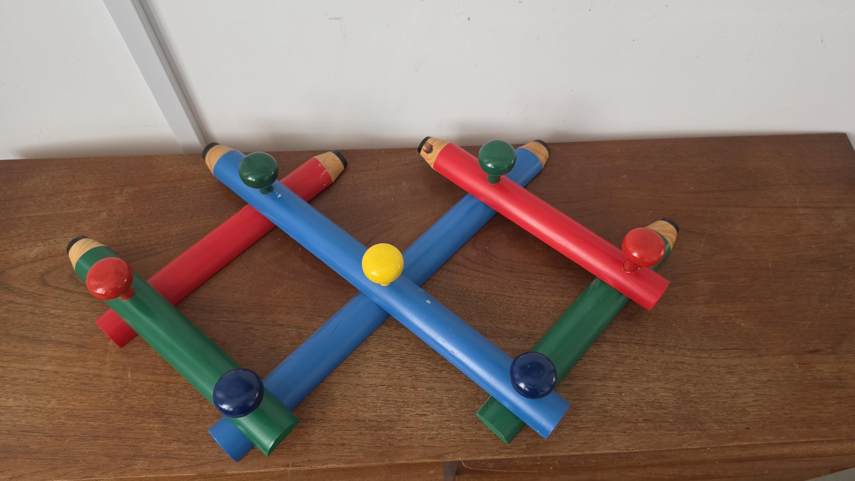 Pierre Sala Memphis Style Coat Rack, Vintage Postmodern Pencil Wall Hooks, Colorful 1980s Wooden Wall Rack, Italian Design