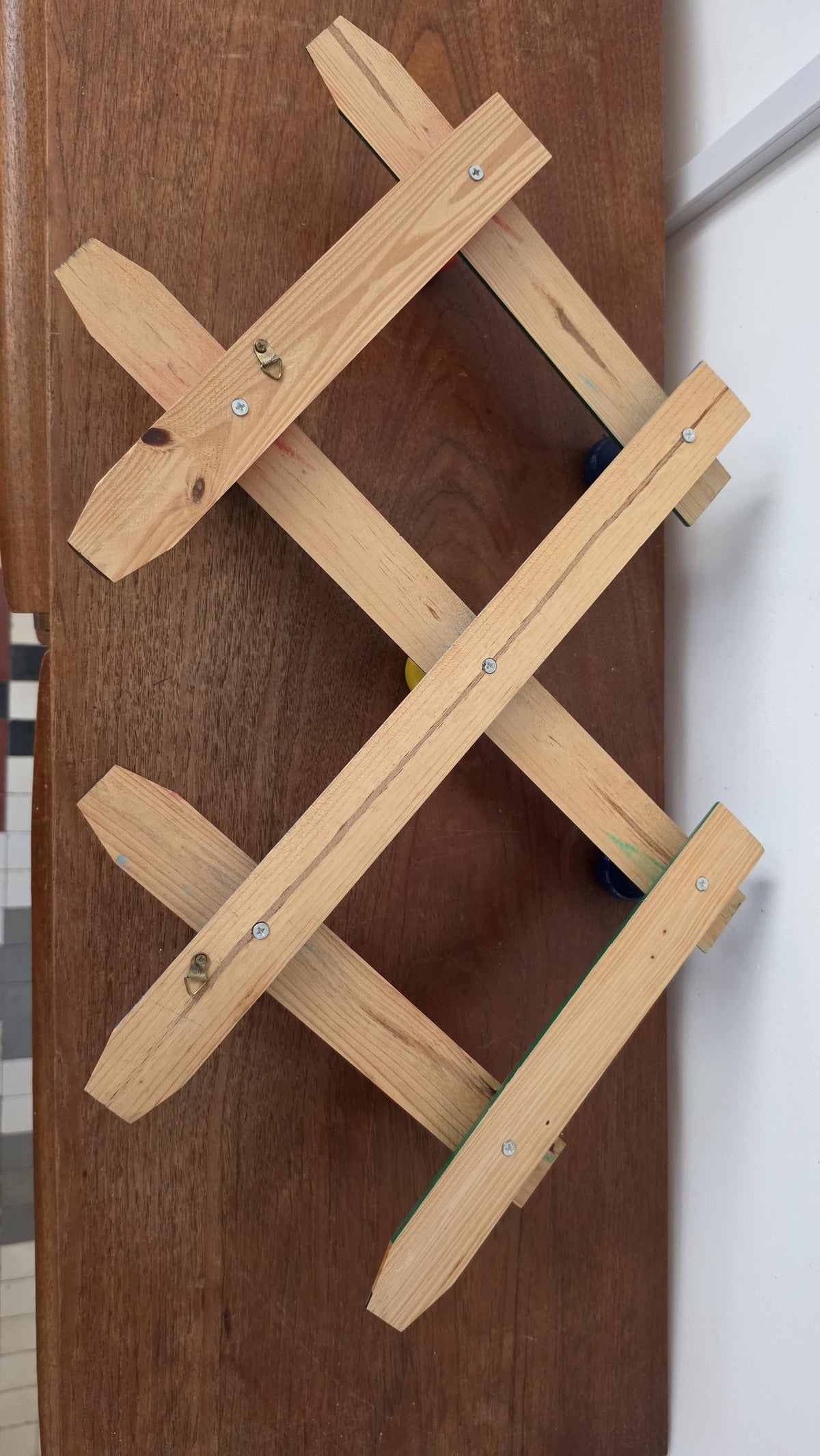 Pierre Sala Memphis Style Coat Rack, Vintage Postmodern Pencil Wall Hooks, Colorful 1980s Wooden Wall Rack, Italian Design