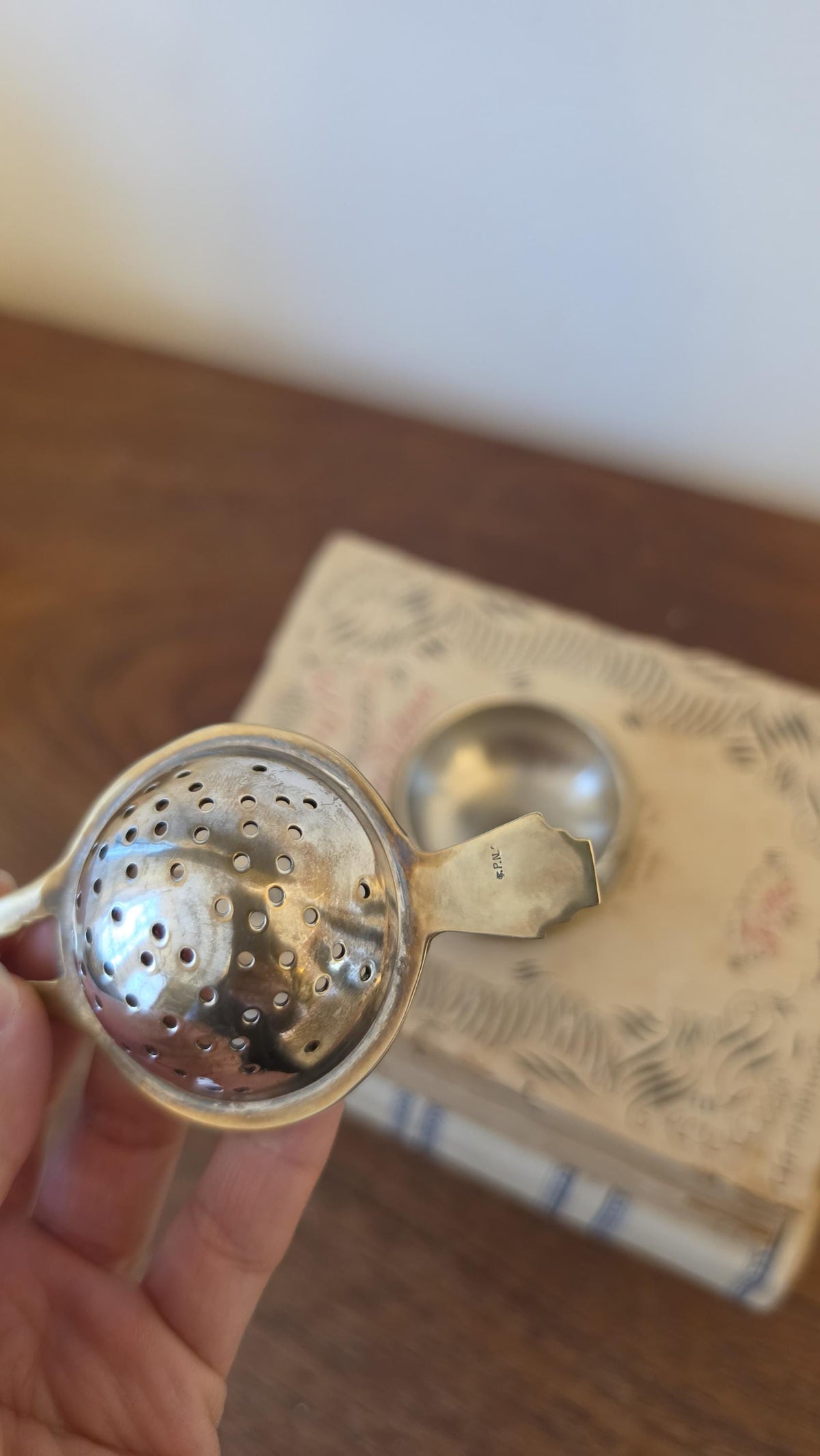 Vintage Silver Plated Tea Strainer with Drip Bowl, Tarnished Loose Leaf Tea Sieve, English Tea Accessory, Decorative Serving Piece