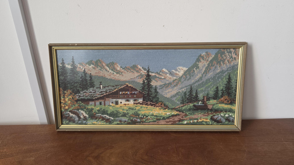 Vintage Framed Alpine Needlepoint Landscape, 1970s Mountain Cabin Needlework Art, Handmade Cross Stitch Wall Decor, Rustic Chalet Textile