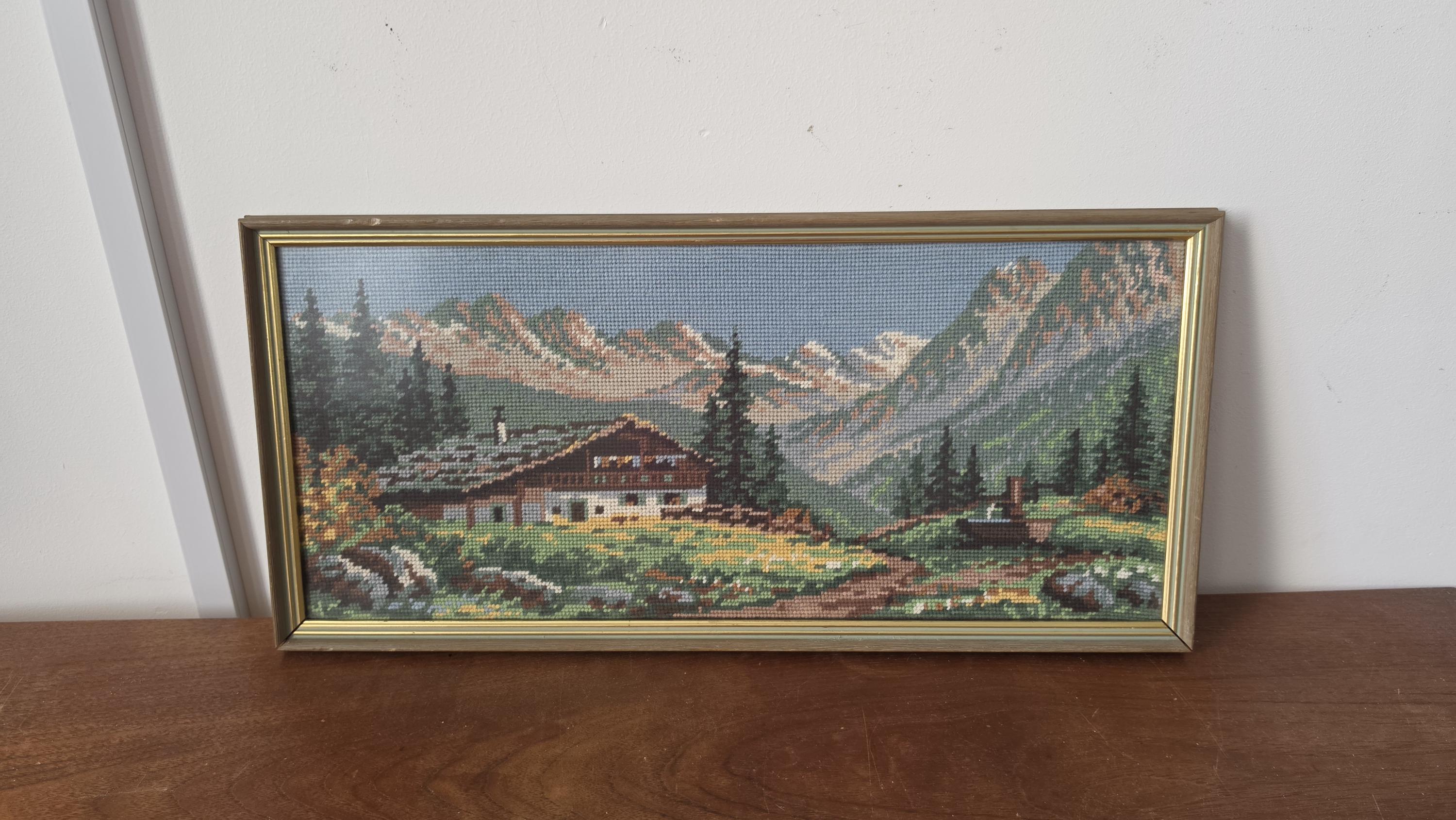 Vintage Framed Alpine Needlepoint Landscape, 1970s Mountain Cabin Needlework Art, Handmade Cross Stitch Wall Decor, Rustic Chalet Textile