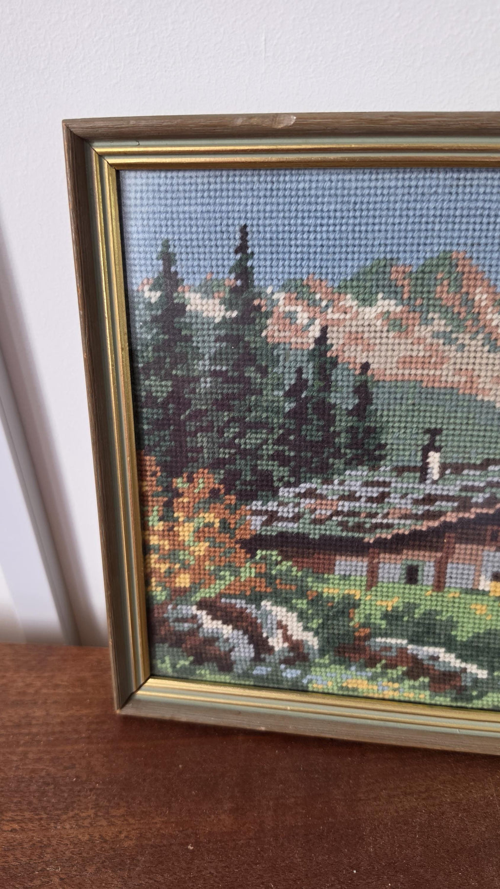 Vintage Framed Alpine Needlepoint Landscape, 1970s Mountain Cabin Needlework Art, Handmade Cross Stitch Wall Decor, Rustic Chalet Textile