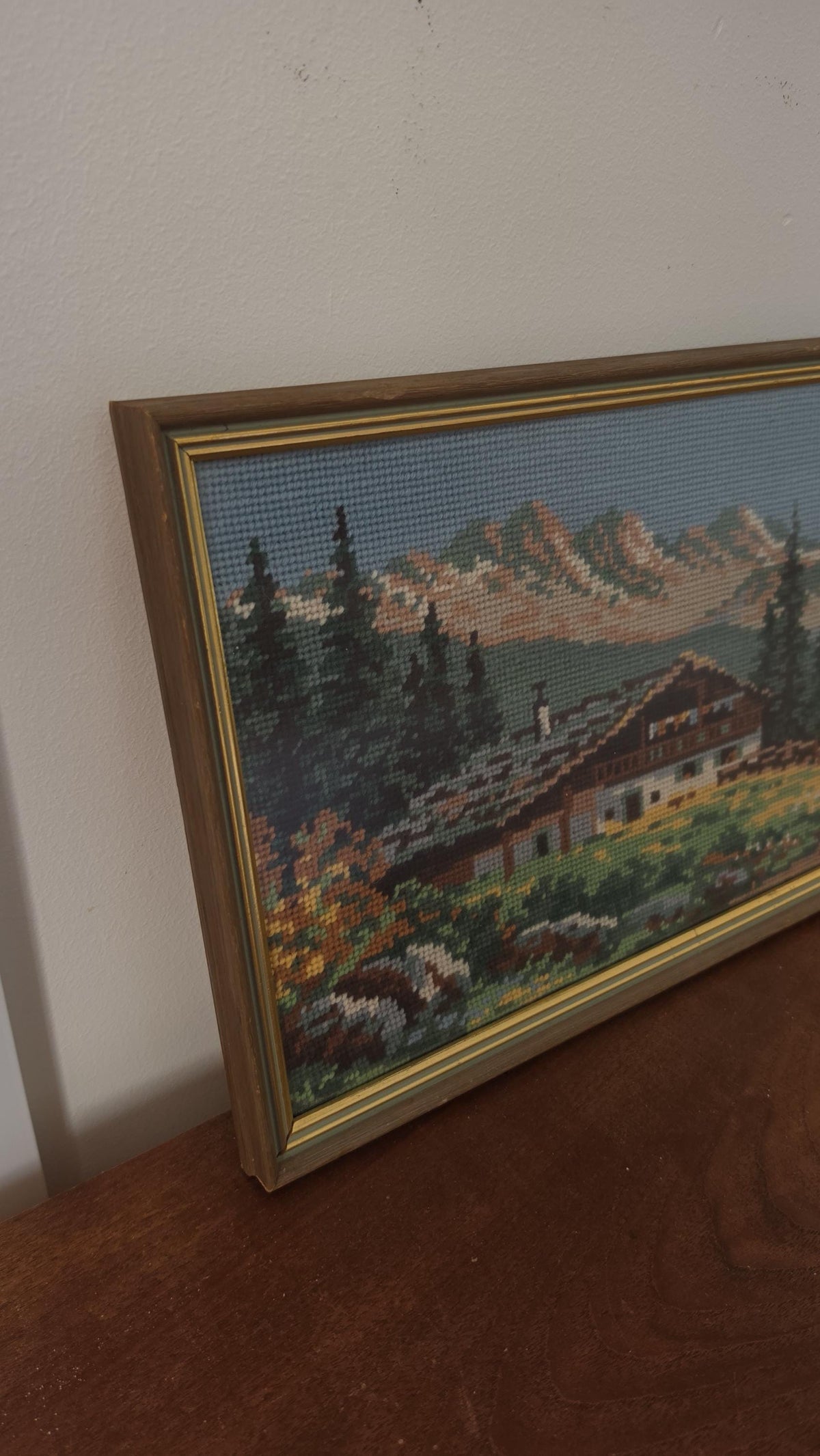 Vintage Framed Alpine Needlepoint Landscape, 1970s Mountain Cabin Needlework Art, Handmade Cross Stitch Wall Decor, Rustic Chalet Textile