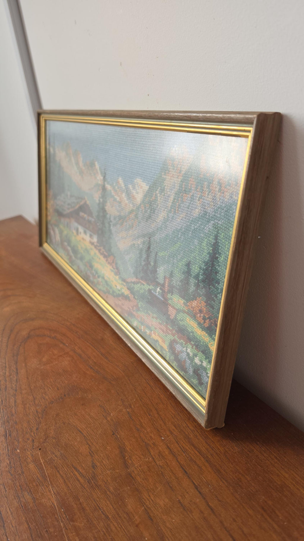 Vintage Framed Alpine Needlepoint Landscape, 1970s Mountain Cabin Needlework Art, Handmade Cross Stitch Wall Decor, Rustic Chalet Textile