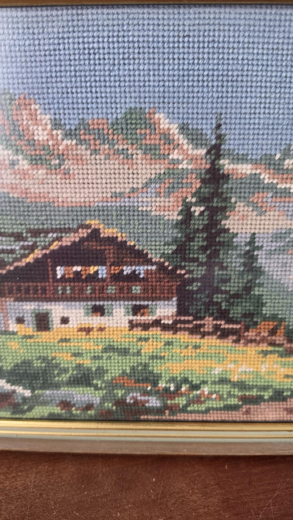 Vintage Framed Alpine Needlepoint Landscape, 1970s Mountain Cabin Needlework Art, Handmade Cross Stitch Wall Decor, Rustic Chalet Textile
