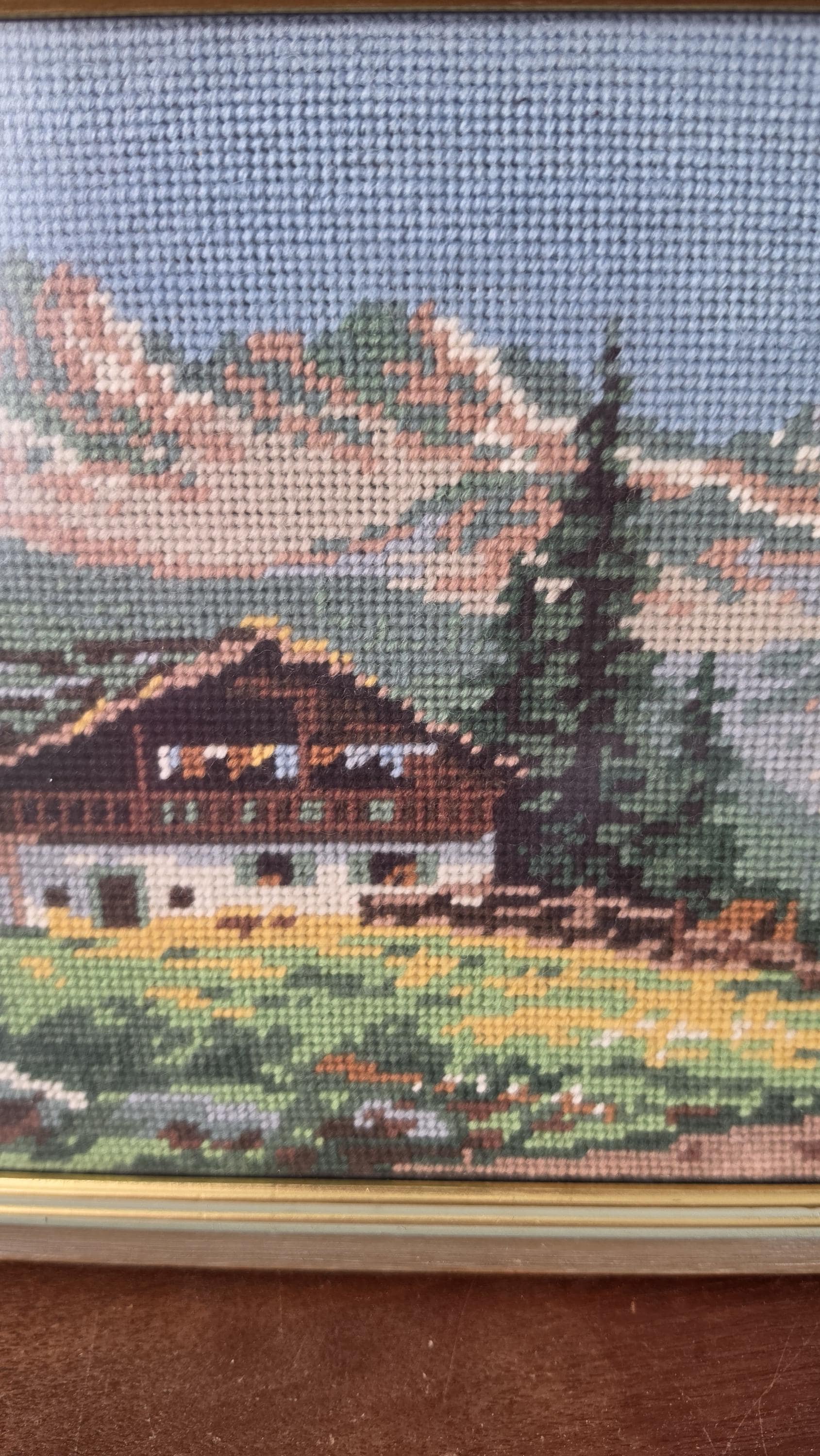 Vintage Framed Alpine Needlepoint Landscape, 1970s Mountain Cabin Needlework Art, Handmade Cross Stitch Wall Decor, Rustic Chalet Textile