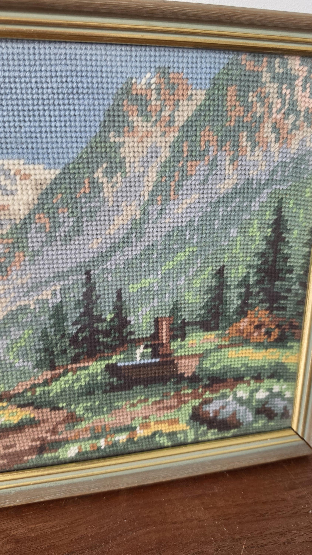 Vintage Framed Alpine Needlepoint Landscape, 1970s Mountain Cabin Needlework Art, Handmade Cross Stitch Wall Decor, Rustic Chalet Textile