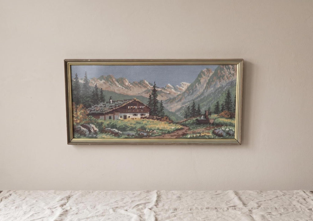 Vintage Framed Alpine Needlepoint Landscape