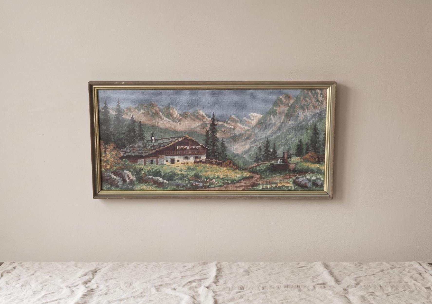 Vintage Framed Alpine Needlepoint Landscape