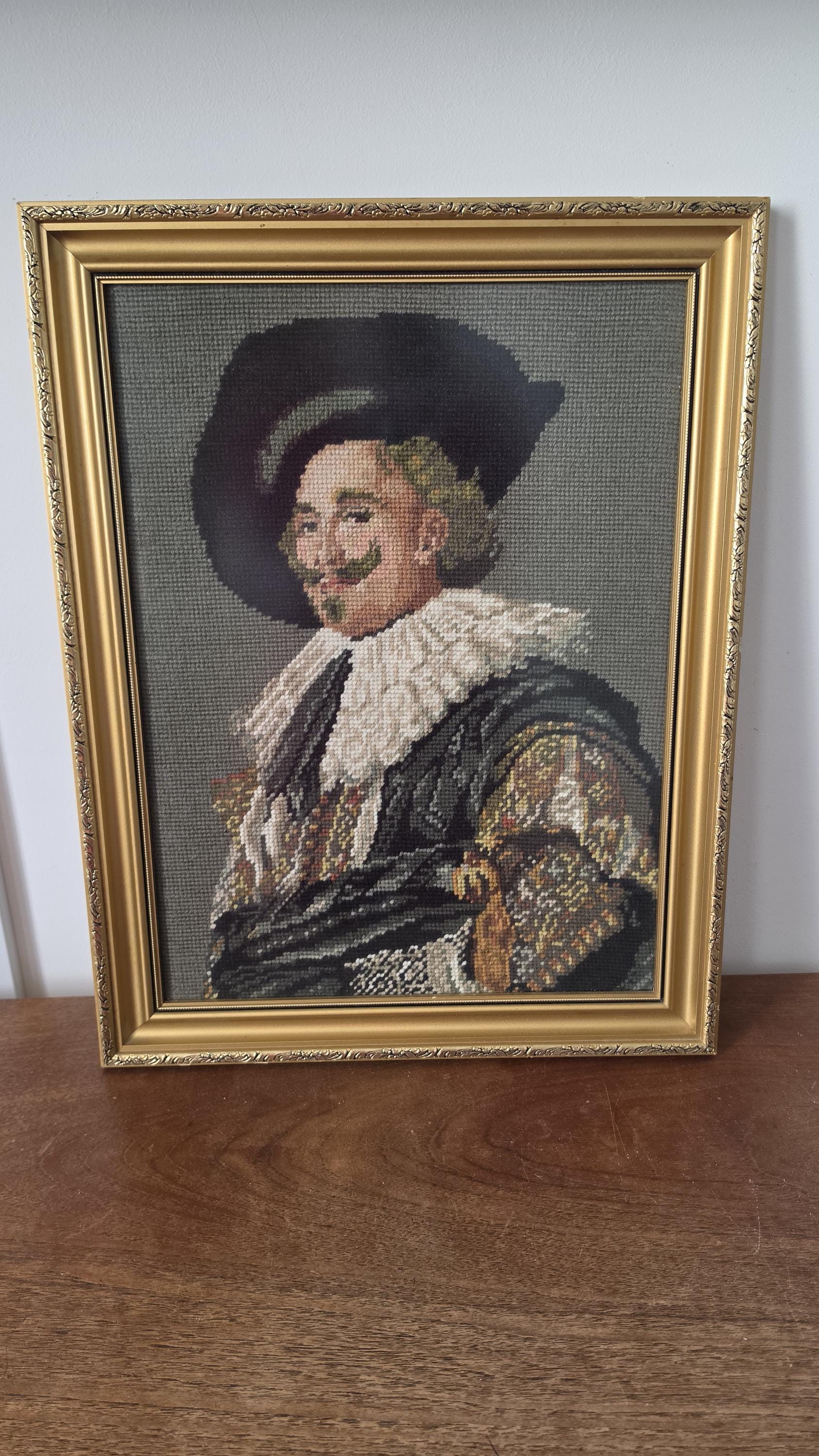 Vintage Framed Needlepoint Portrait, Renaissance Gentleman Cross Stitch Art, Ornate Gold Frame Wall Decor, Victorian Style Textile Art