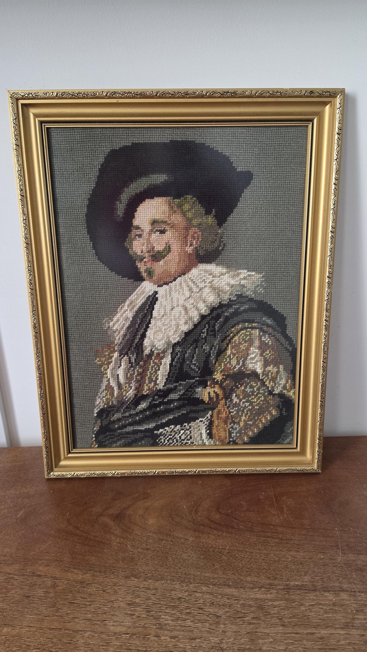Vintage Framed Needlepoint Portrait, Renaissance Gentleman Cross Stitch Art, Ornate Gold Frame Wall Decor, Victorian Style Textile Art