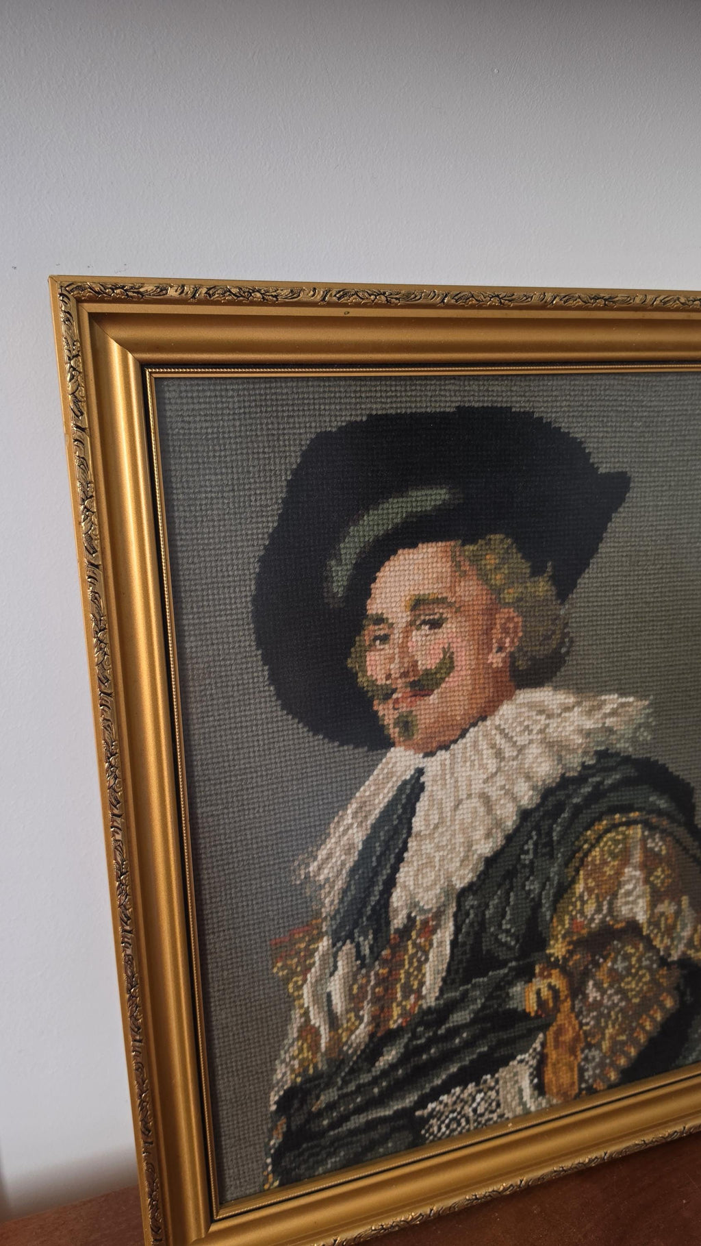 Vintage Framed Needlepoint Portrait, Renaissance Gentleman Cross Stitch Art, Ornate Gold Frame Wall Decor, Victorian Style Textile Art