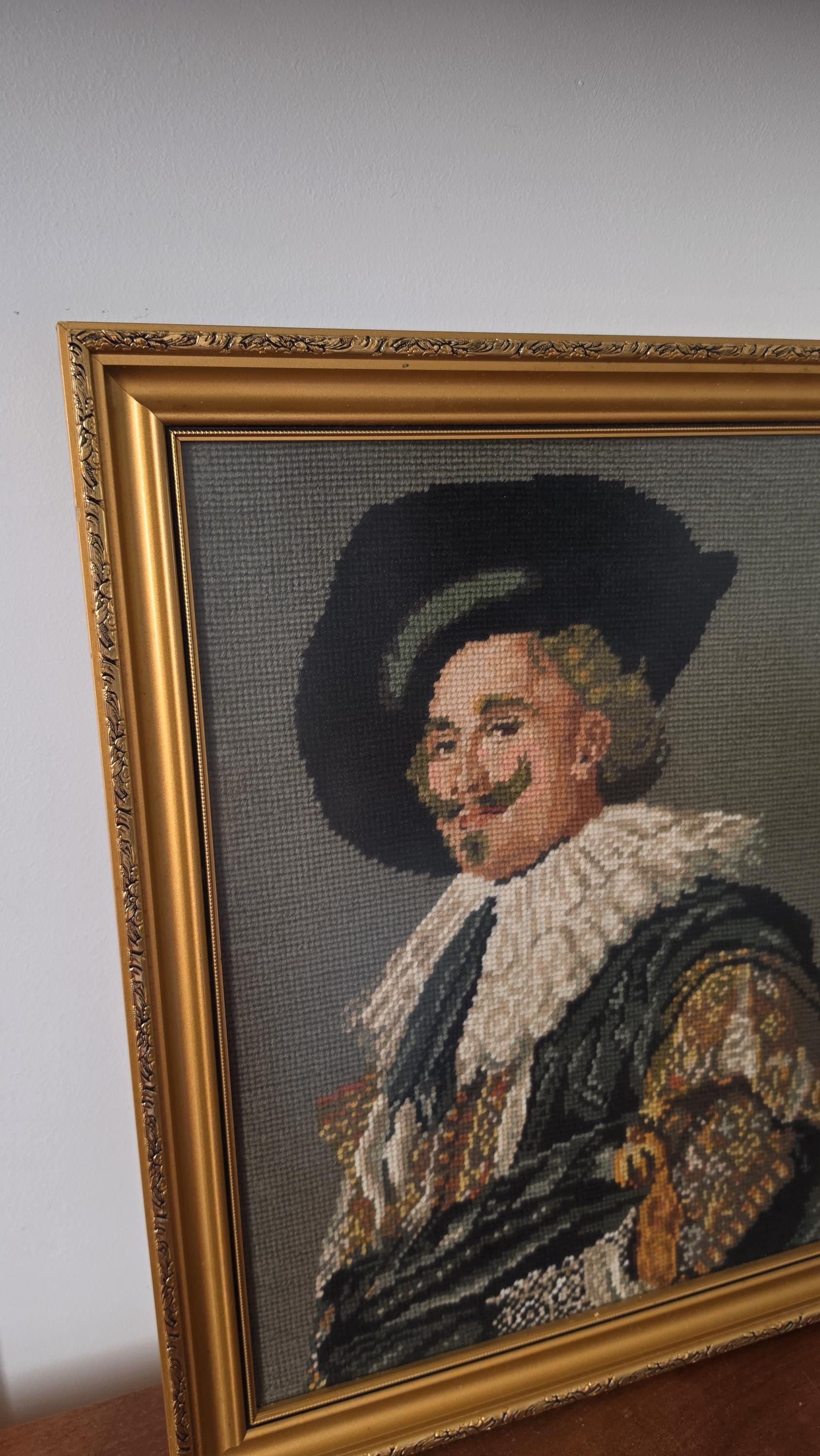 Vintage Framed Needlepoint Portrait, Renaissance Gentleman Cross Stitch Art, Ornate Gold Frame Wall Decor, Victorian Style Textile Art