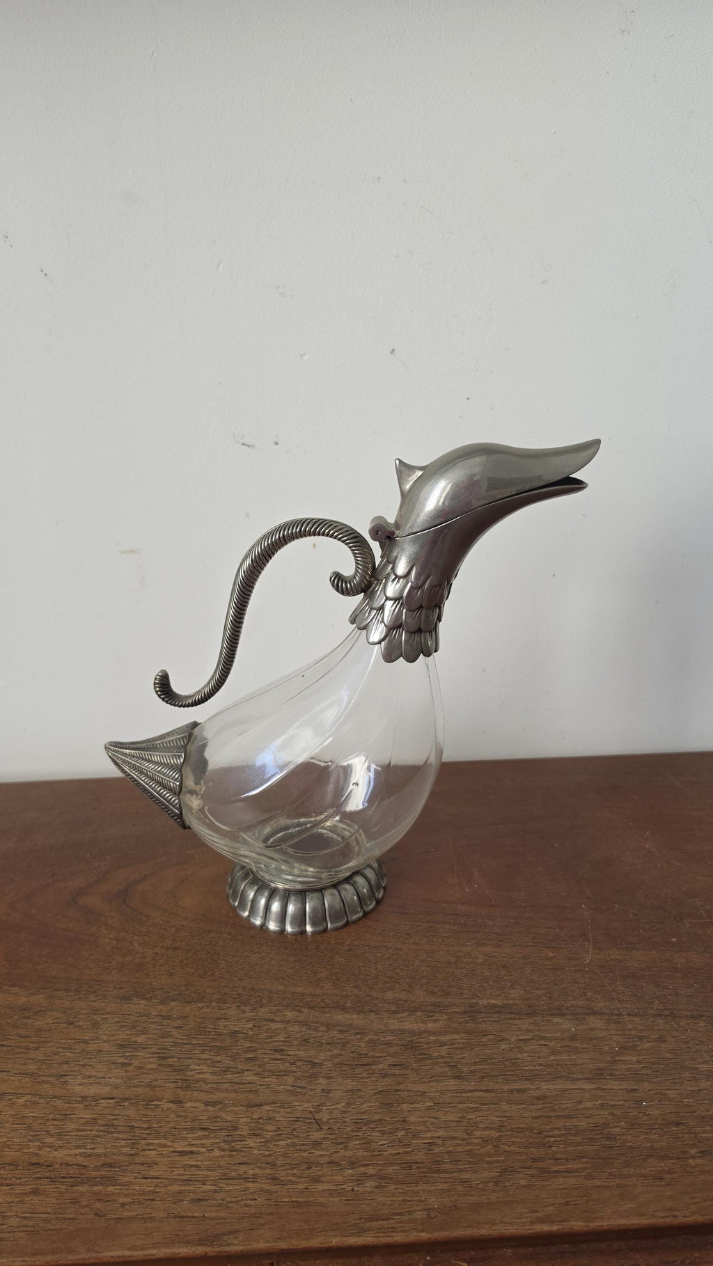 Vintage SILEA Silver Plate & Glass Duck Decanter, 1970s Italian Figural Claret Jug, Mid Century Barware Pitcher