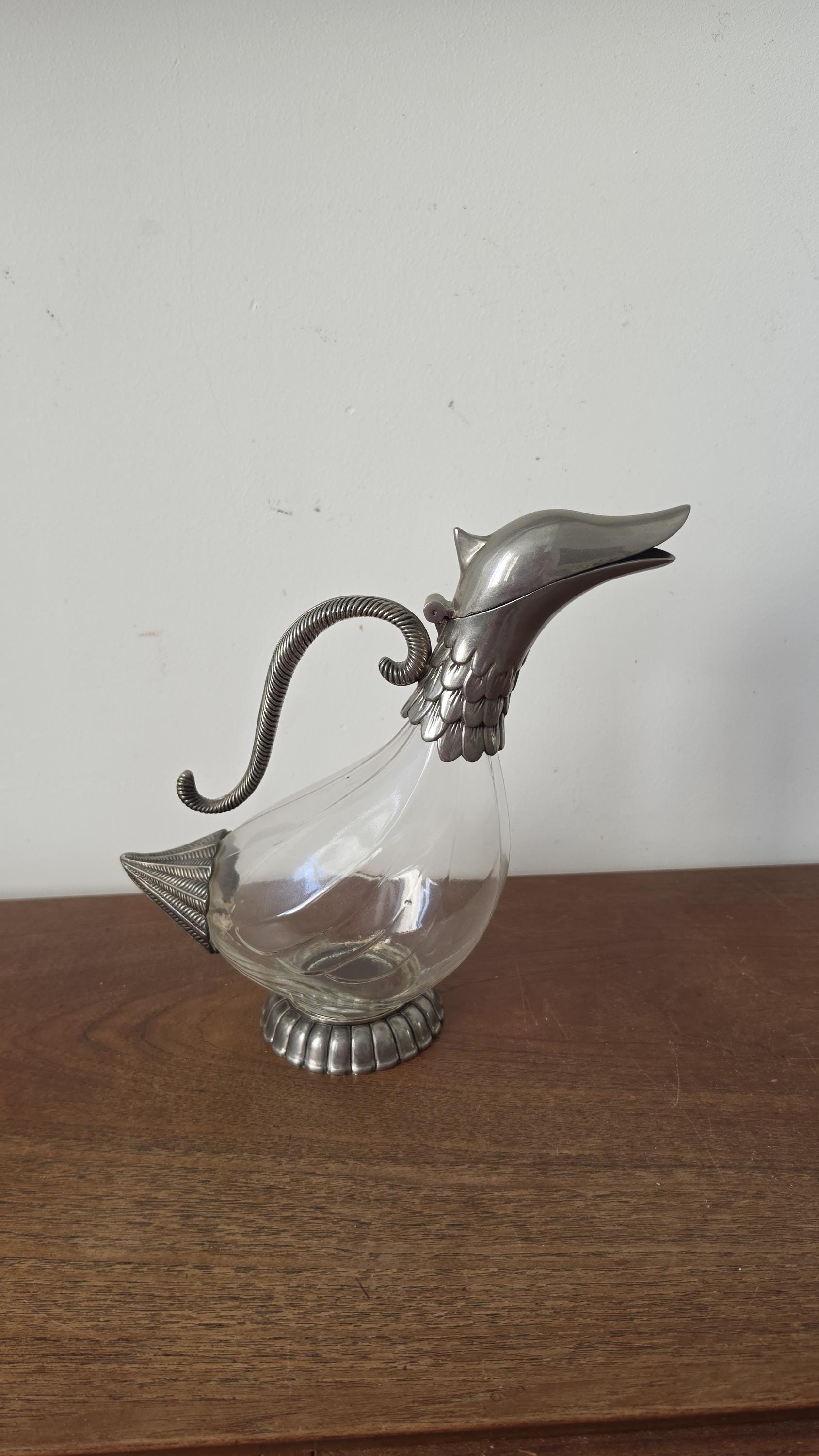 Vintage SILEA Silver Plate & Glass Duck Decanter, 1970s Italian Figural Claret Jug, Mid Century Barware Pitcher