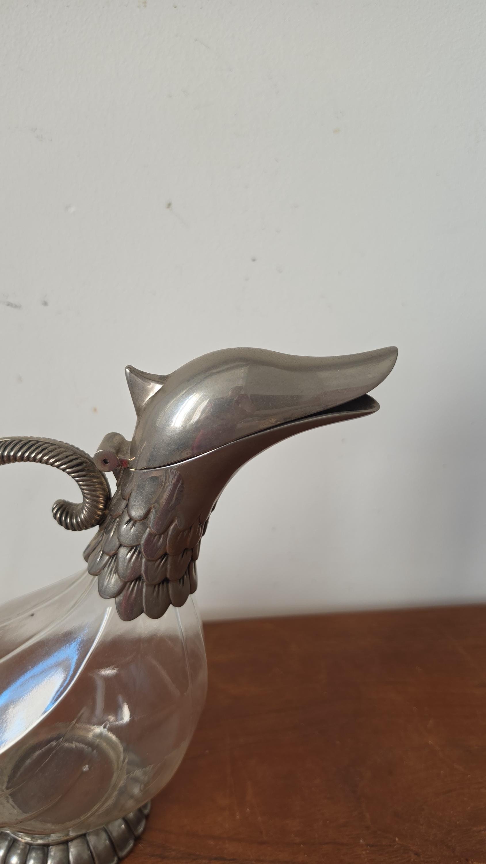 Vintage SILEA Silver Plate & Glass Duck Decanter, 1970s Italian Figural Claret Jug, Mid Century Barware Pitcher