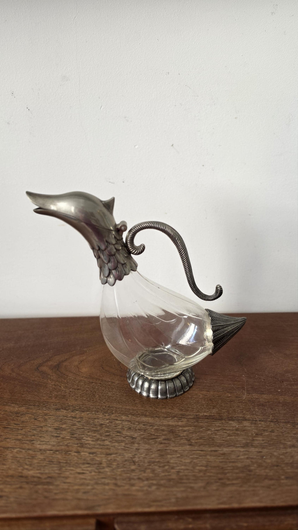 Vintage SILEA Silver Plate & Glass Duck Decanter, 1970s Italian Figural Claret Jug, Mid Century Barware Pitcher