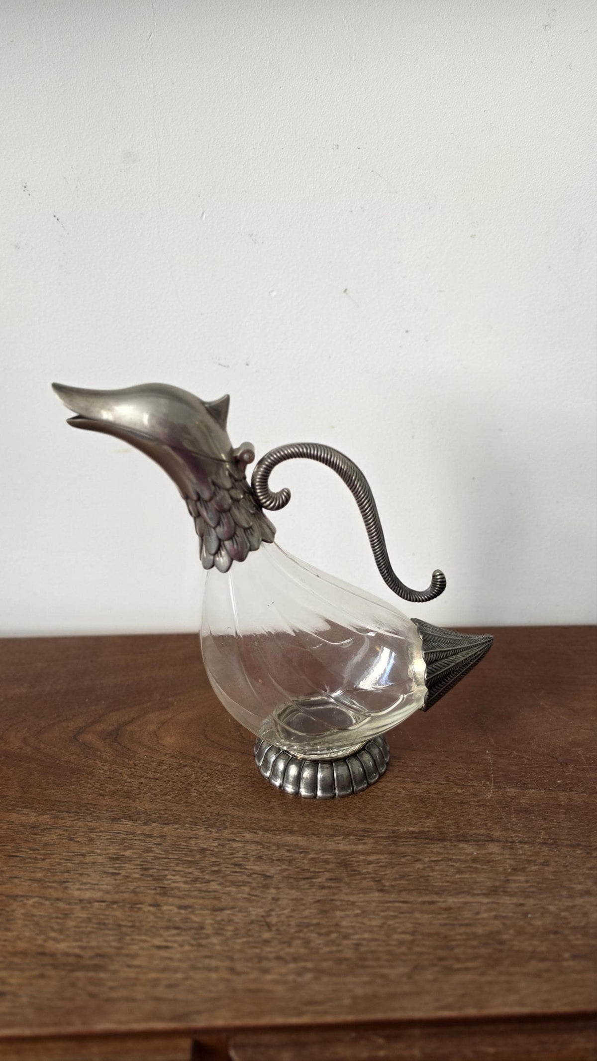 Vintage SILEA Silver Plate & Glass Duck Decanter, 1970s Italian Figural Claret Jug, Mid Century Barware Pitcher