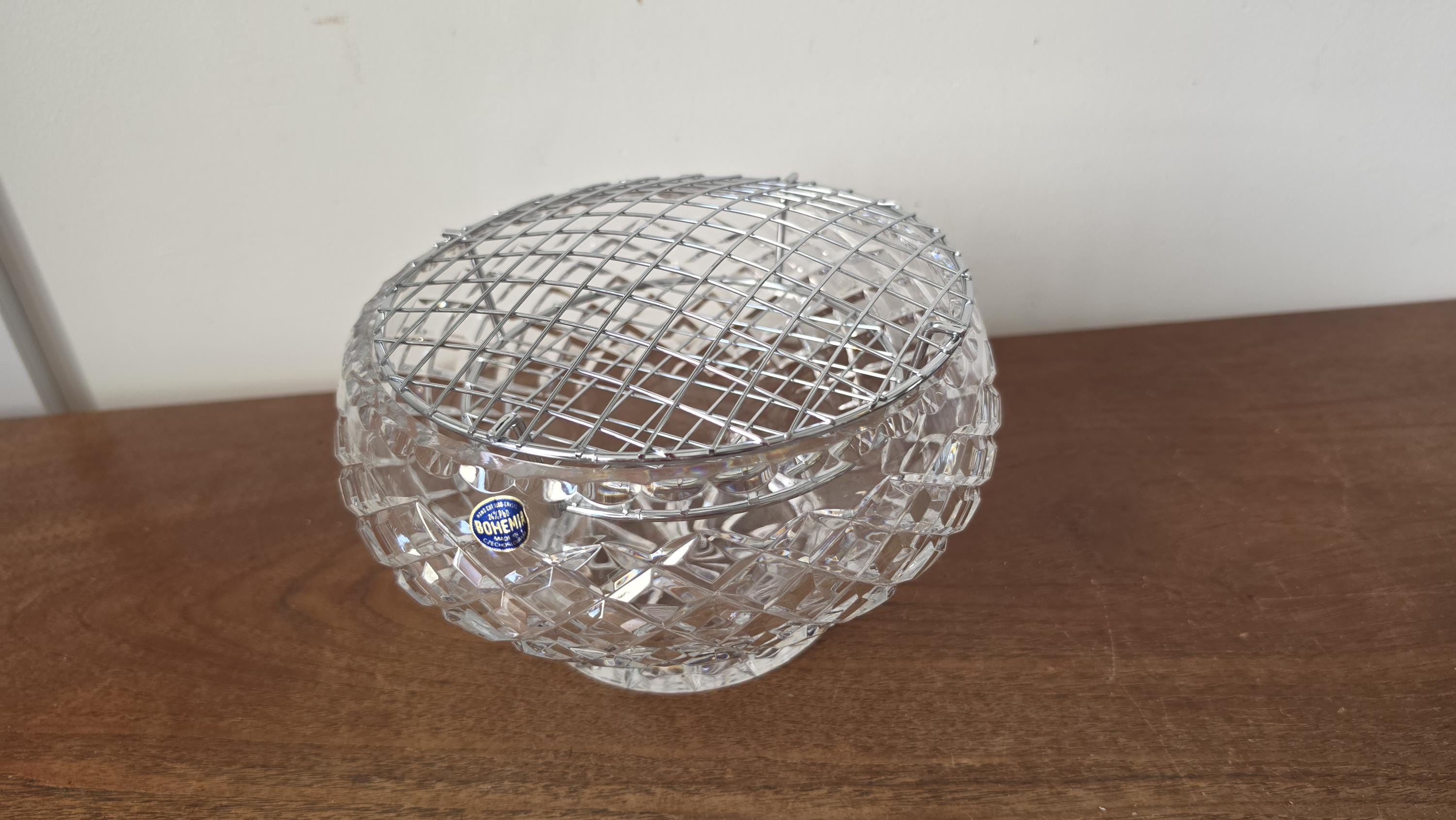 Vintage Bohemian Crystal Flower Frog Bowl, Czech Cut Crystal Vase Insert, Mid Century Floral Arranging Bowl