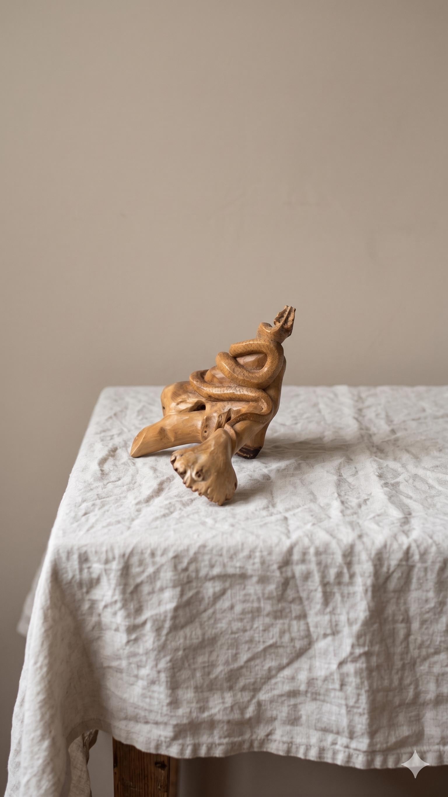 Vintage Hand Carved Wooden Snake Sculpture on Driftwood