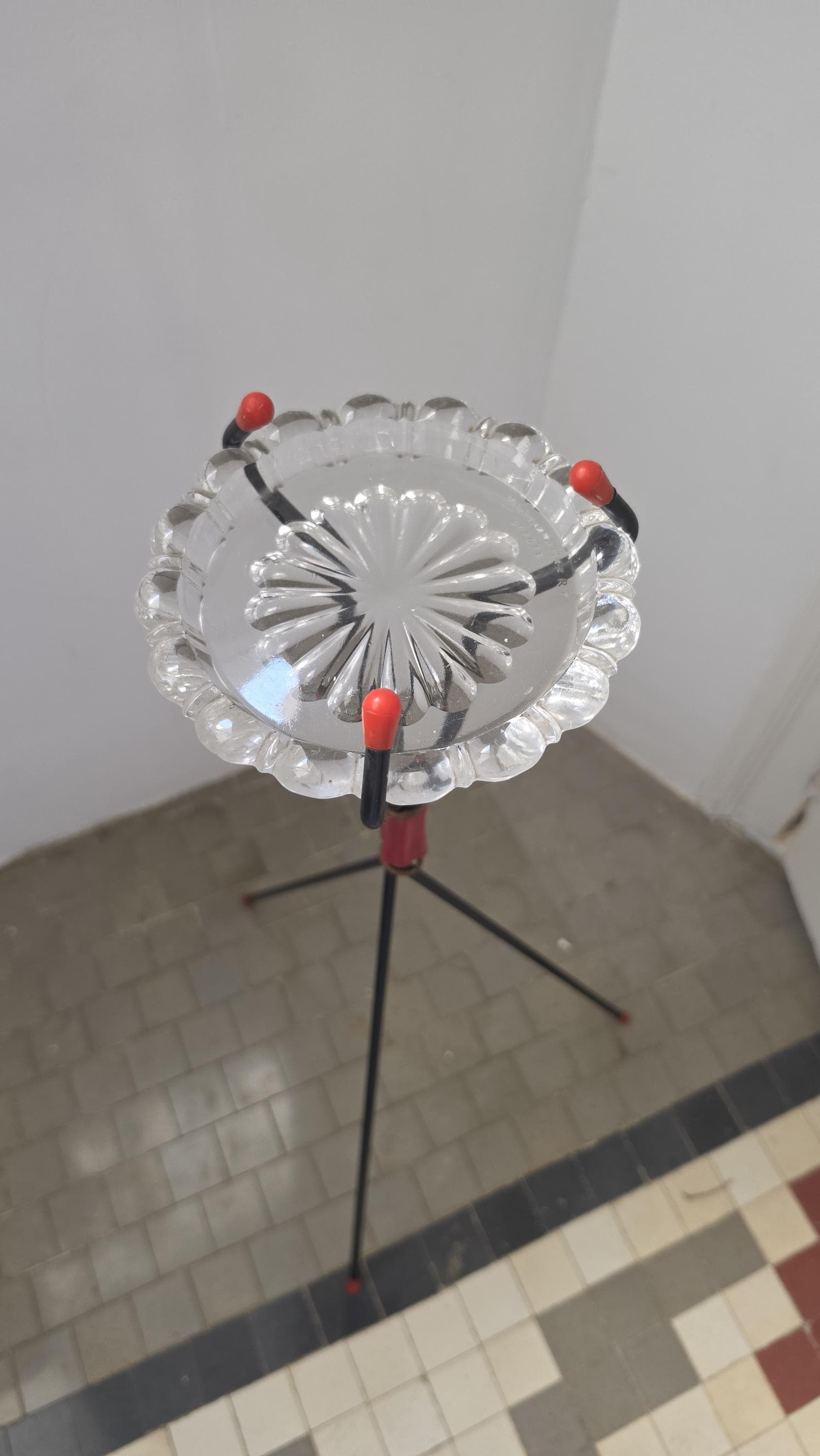 Vintage Val Saint Lambert Floor Ashtray Stand, Belgian Crystal Ashtray on Atomic Tripod Stand, Mid Century Modern Decor