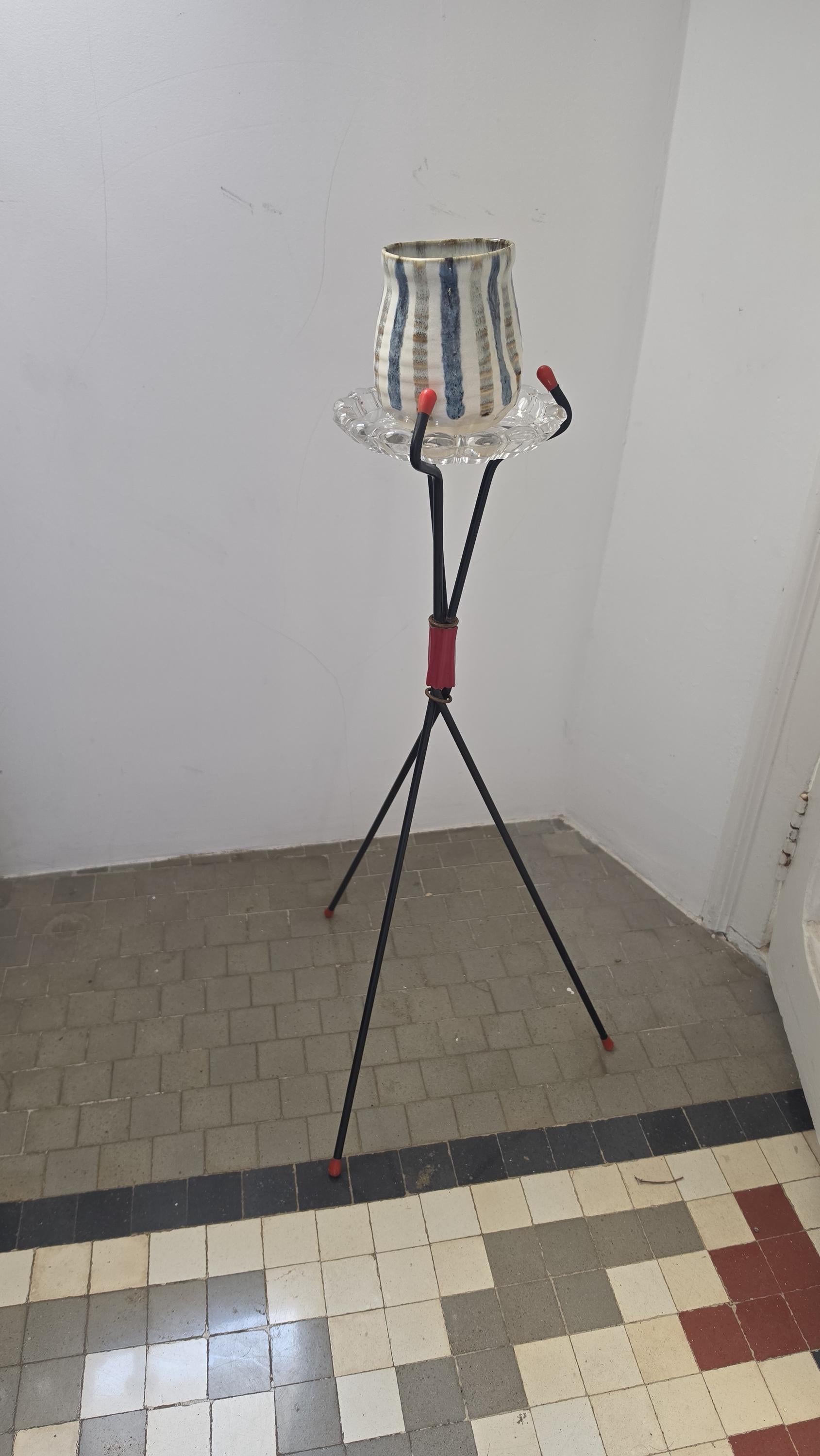 Vintage Val Saint Lambert Floor Ashtray Stand, Belgian Crystal Ashtray on Atomic Tripod Stand, Mid Century Modern Decor