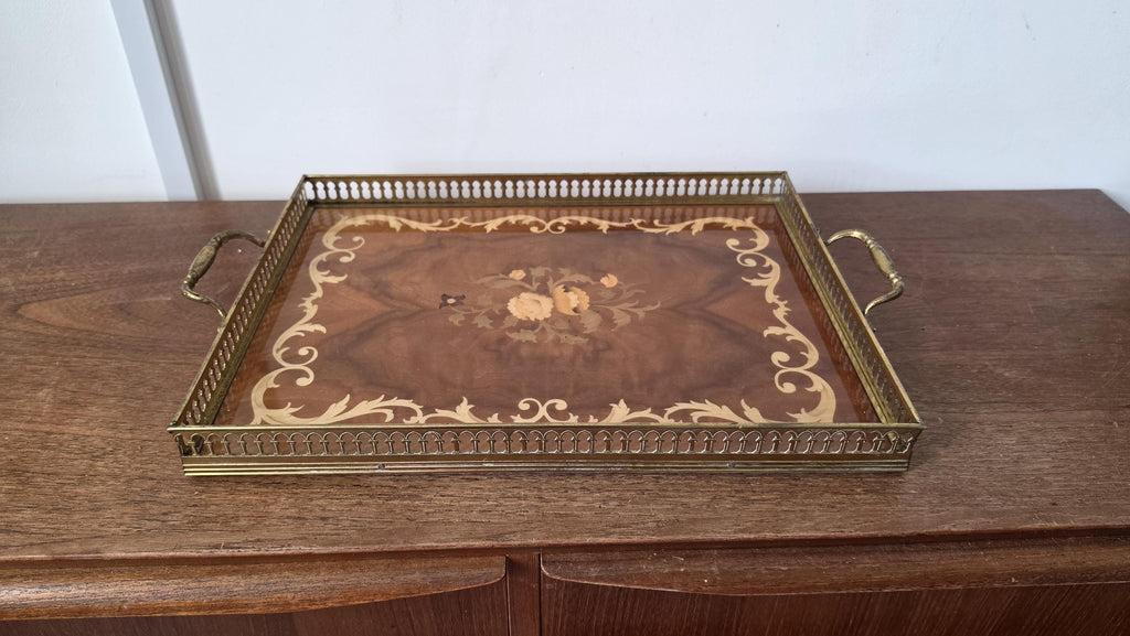 Vintage Napoleon III Style Marquetry Serving Tray, Brass Gallery Wood Tray, French Hollywood Regency Decor