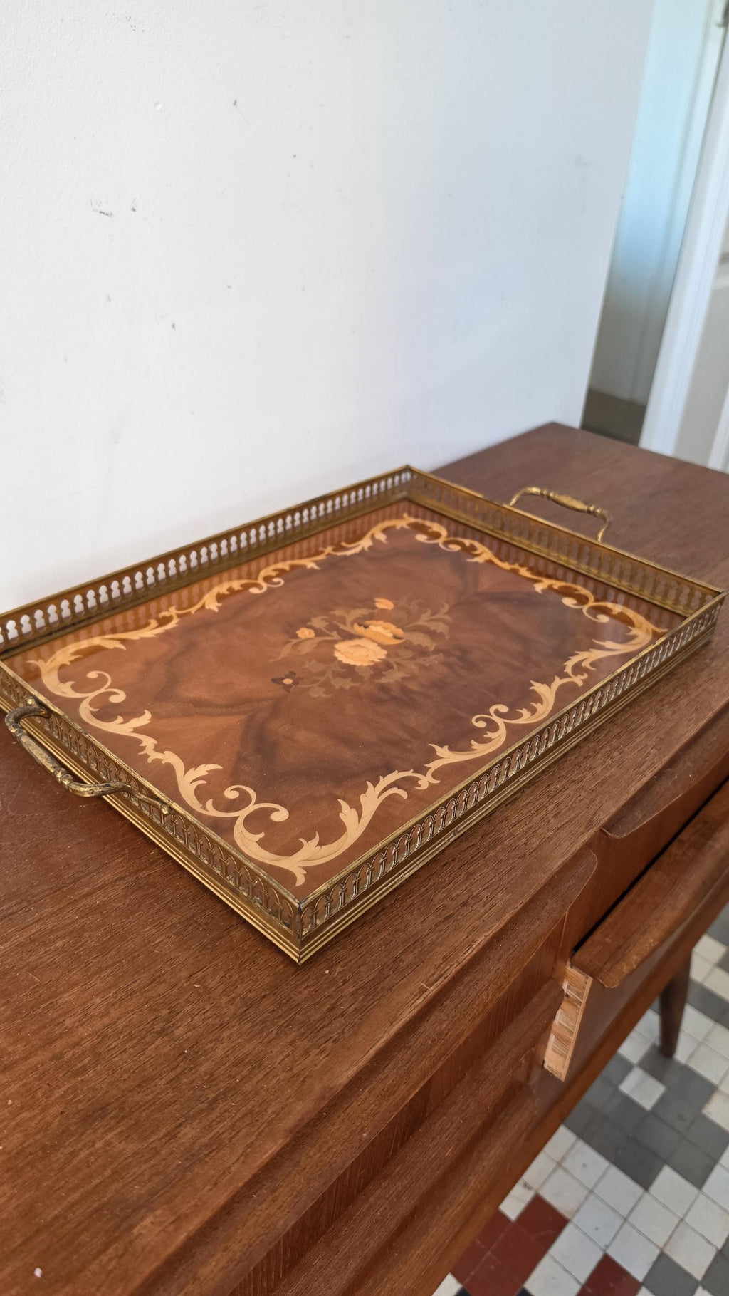 Vintage Napoleon III Style Marquetry Serving Tray, Brass Gallery Wood Tray, French Hollywood Regency Decor