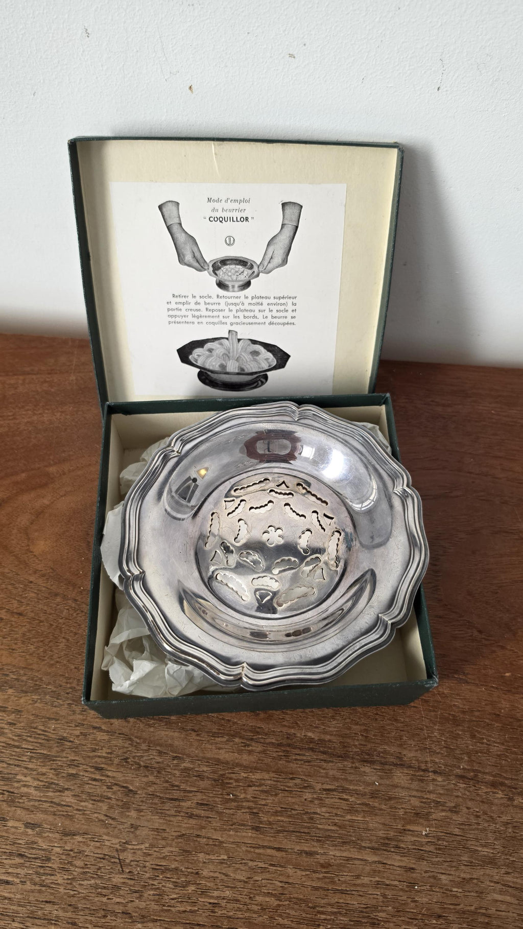 Vintage French Silver Plate Butter Dish, Coquillot Beurrier, Pedestal Butter Server with Original Box, French Tableware, Entertaining Decor