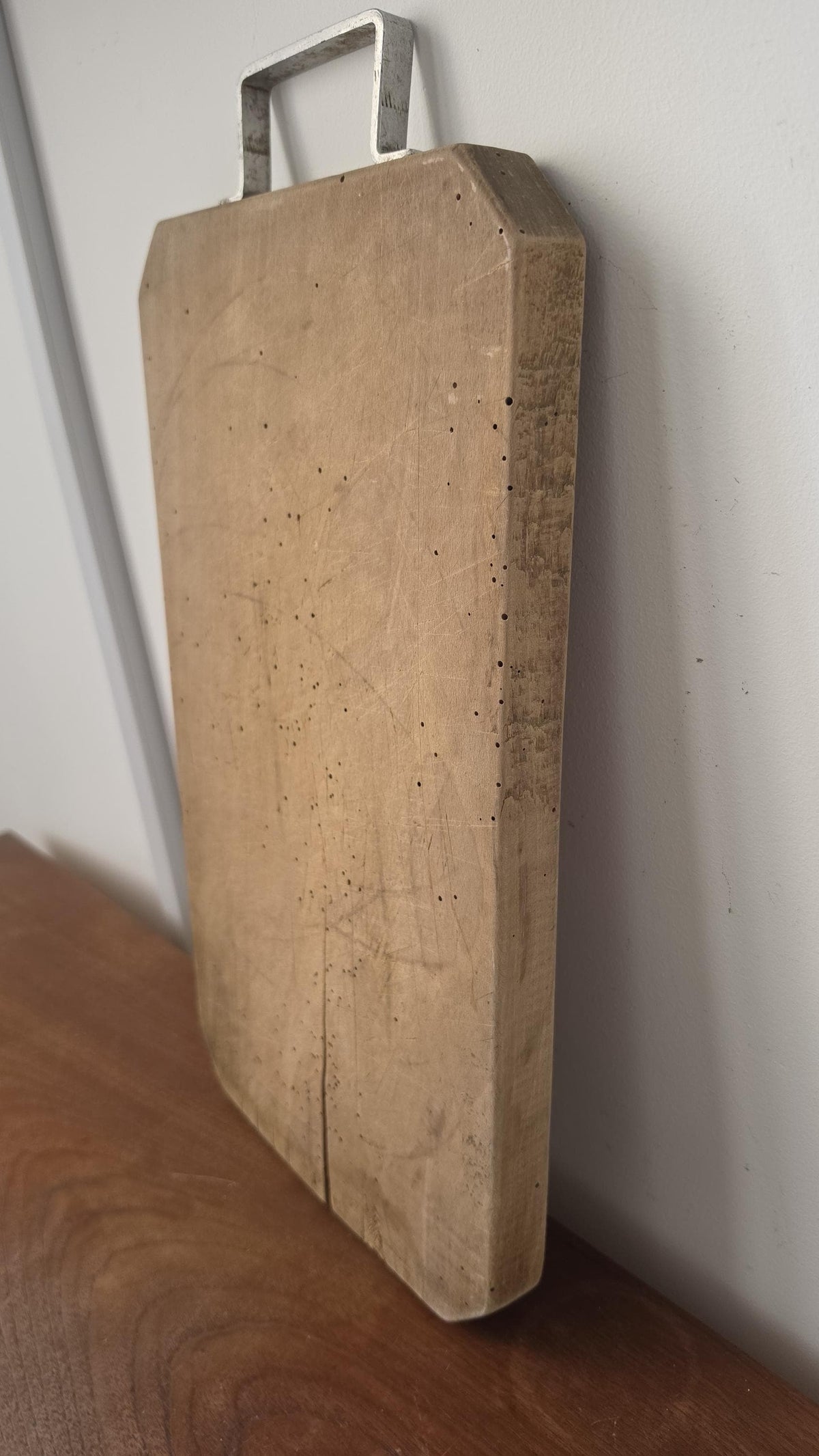 Antique French Wooden Bread Board with Metal Handle, Rustic Farmhouse Cutting Board, Primitive Kitchen Decor, European Dough Board