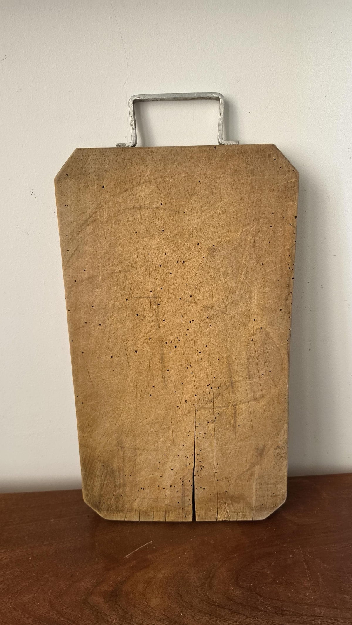 Antique French Wooden Bread Board with Metal Handle, Rustic Farmhouse Cutting Board, Primitive Kitchen Decor, European Dough Board
