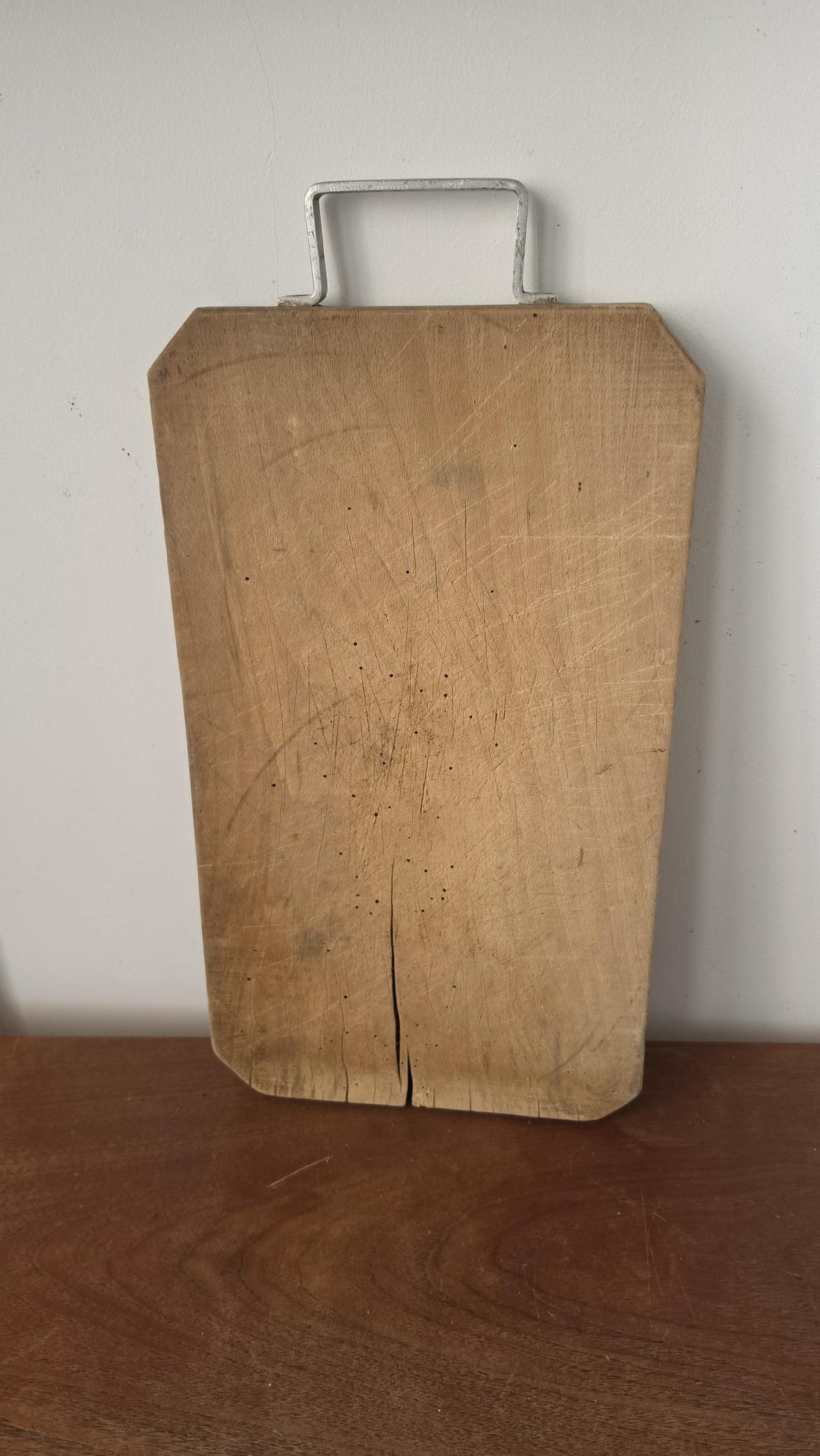 Antique French Wooden Bread Board with Metal Handle, Rustic Farmhouse Cutting Board, Primitive Kitchen Decor, European Dough Board