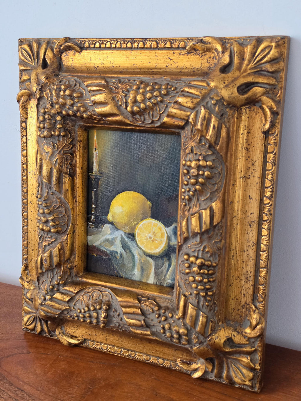 Antique Gilt Grape Motif Frame with Original Oil Painting, Lemon Still Life Art, Ornate Gold Frame, Cottage Decor